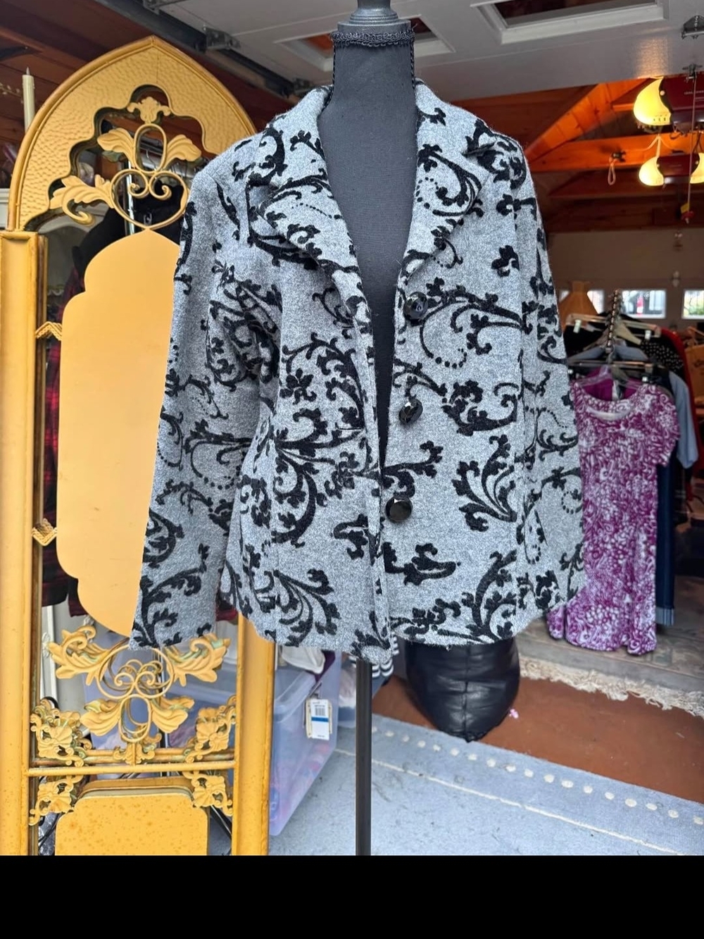 Laura Ashley Gray Jacket with Black Scroll Pattern